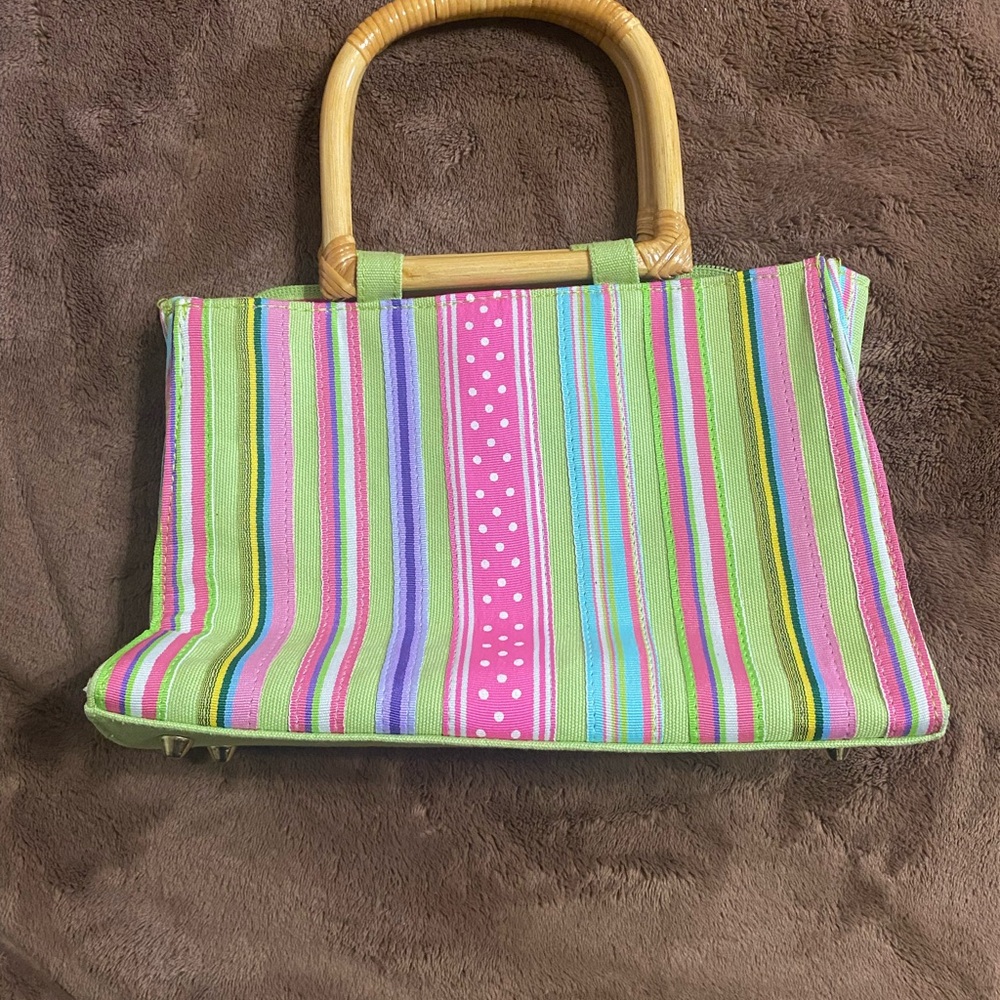 Striped Multicolor Tote Bag with Bamboo Handles